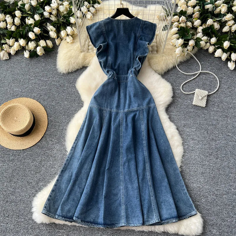 Ruffled Edge Sleeveless Denim Long Dress