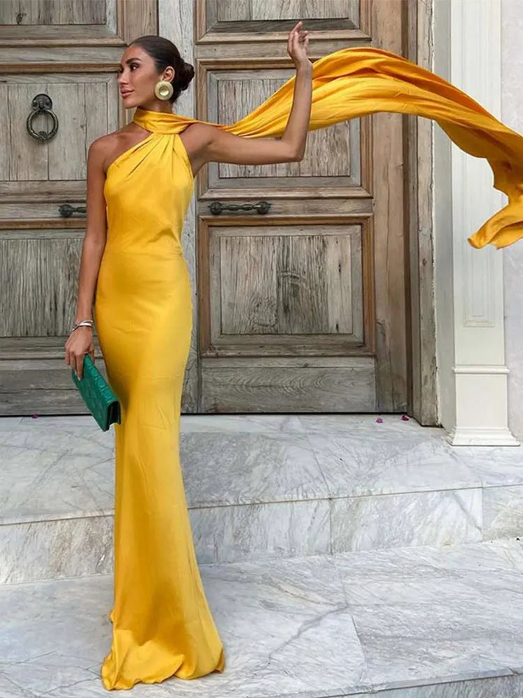 Elegant Solid Backless Women Ribbon Halter Dress