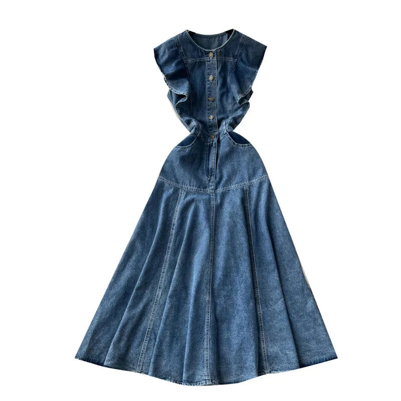 Ruffled Edge Sleeveless Denim Long Dress