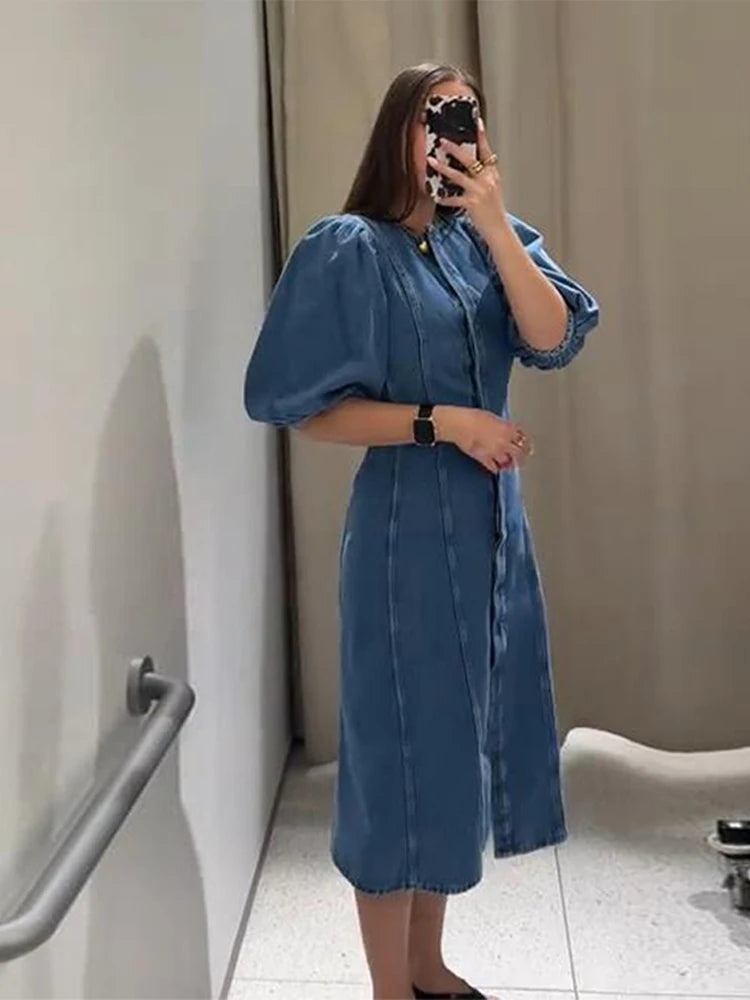 Denim Puff Short Sleeve Covered Button front A-line Women`s dress