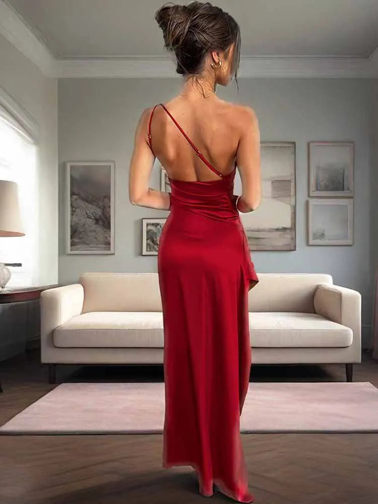 Sexy One Shoulder Satin Bodycon Split Party Dress