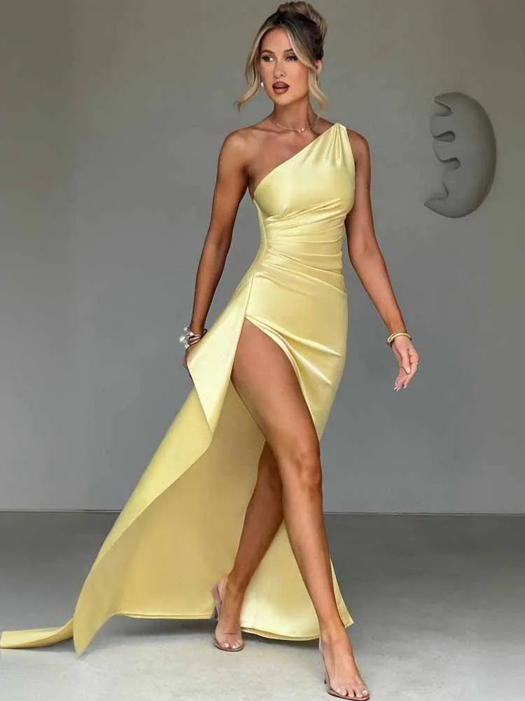 Sexy One Shoulder Satin Bodycon Split Party Dress