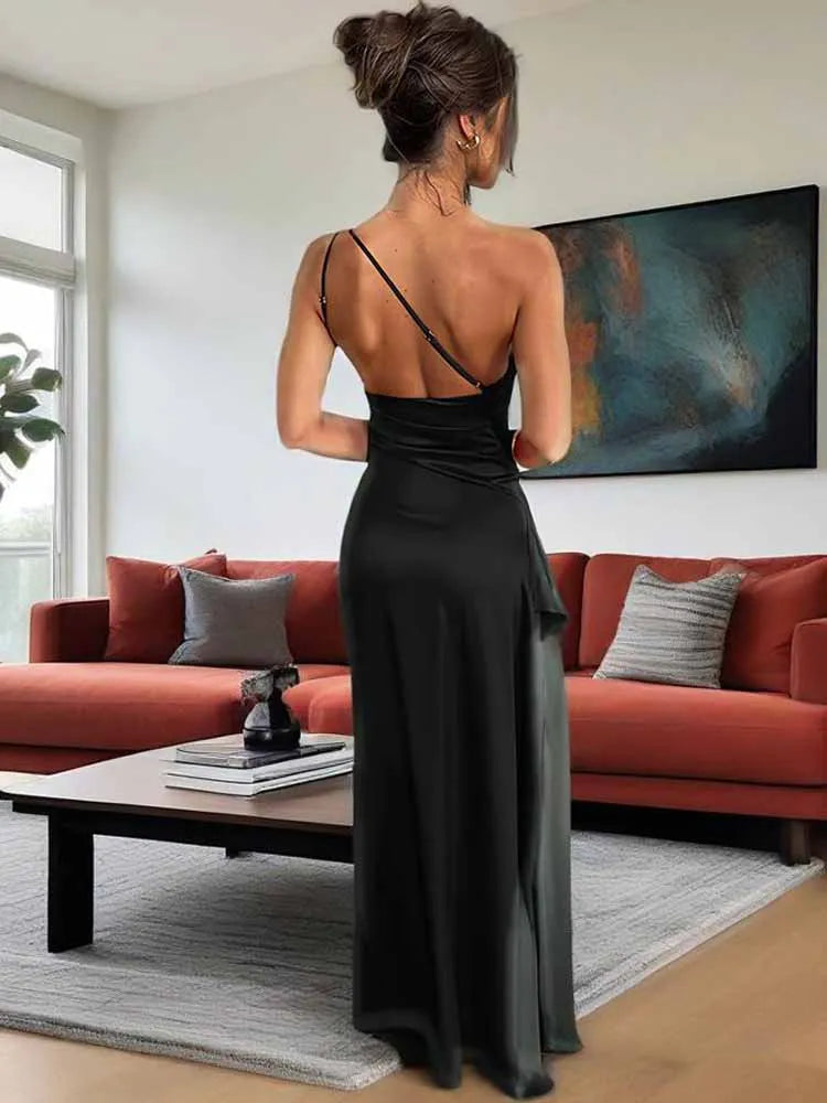 Sexy One Shoulder Satin Bodycon Split Party Dress