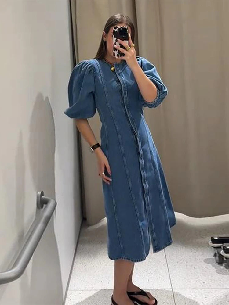 Denim Puff Short Sleeve Covered Button front A-line Women`s dress
