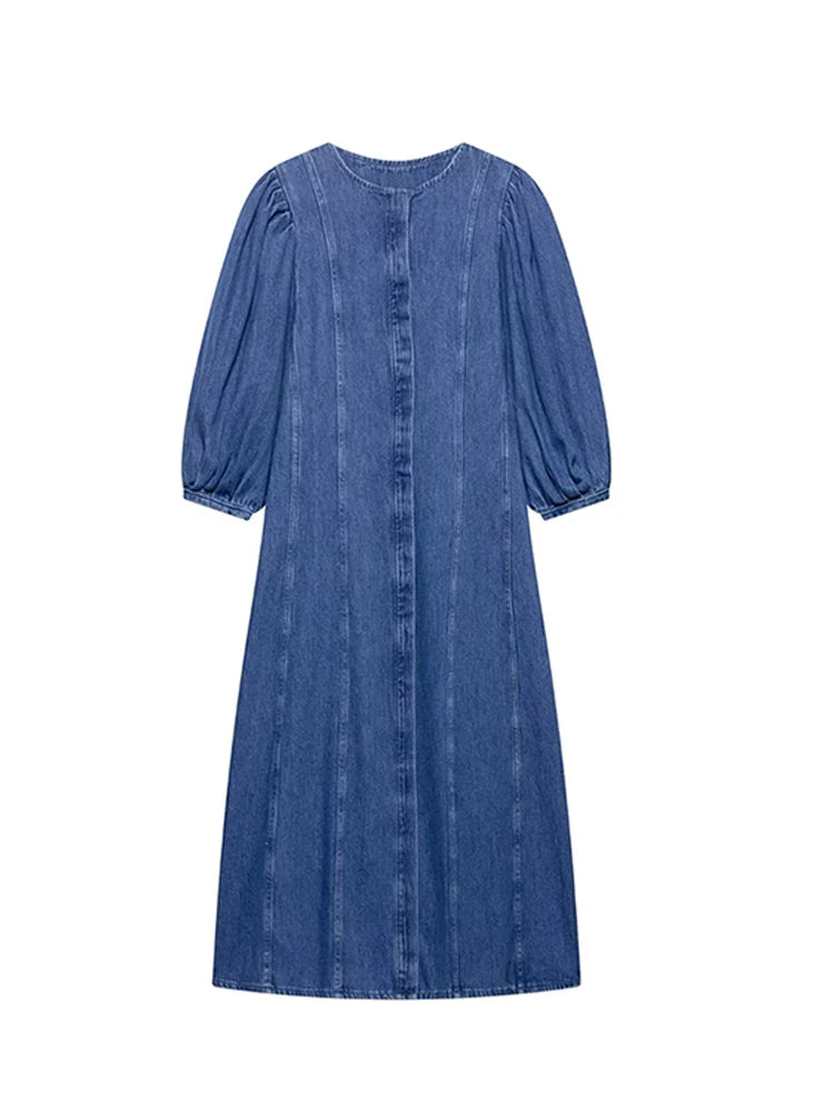 Denim Puff Short Sleeve Covered Button front A-line Women`s dress