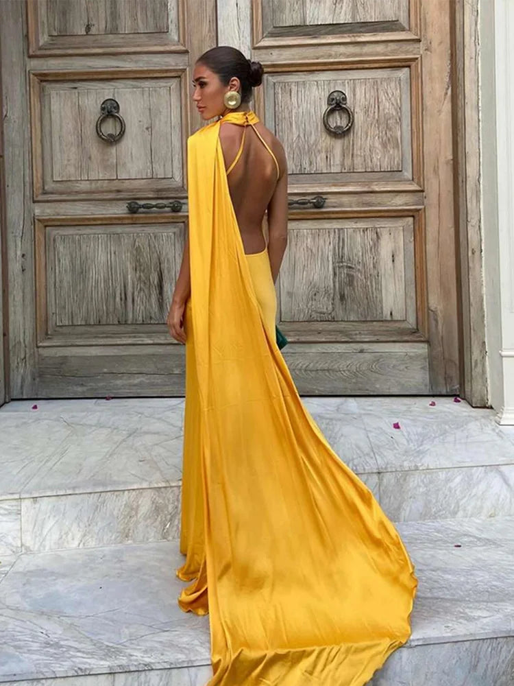 Elegant Solid Backless Women Ribbon Halter Dress
