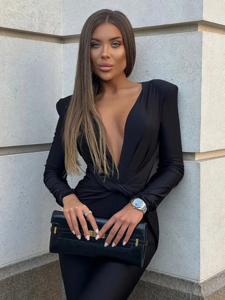 Deep V Neck Long Sleeve Elegant Black Jumpsuit
