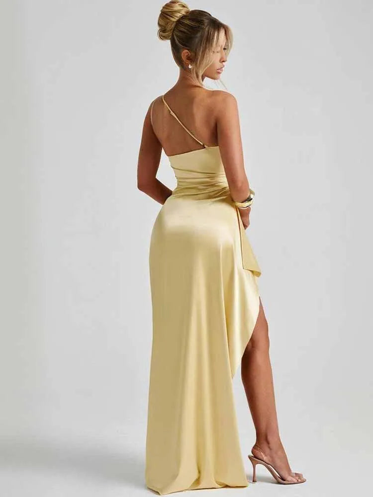 Sexy One Shoulder Satin Bodycon Split Party Dress