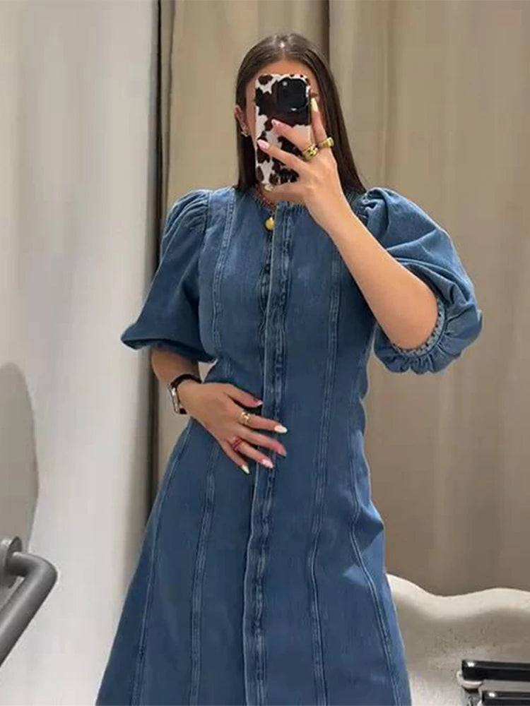 Denim Puff Short Sleeve Covered Button front A-line Women`s dress