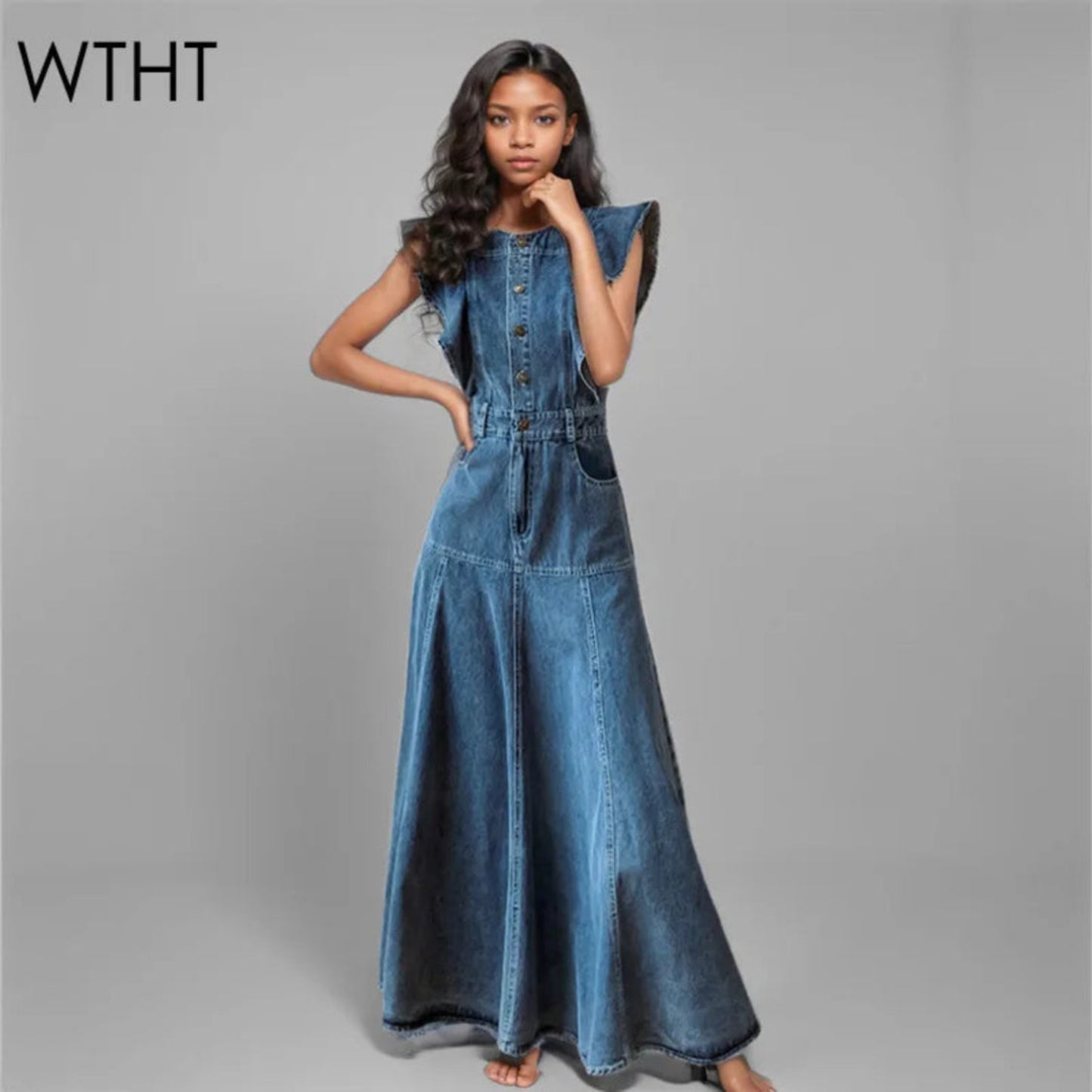 Ruffled Edge Sleeveless Denim Long Dress