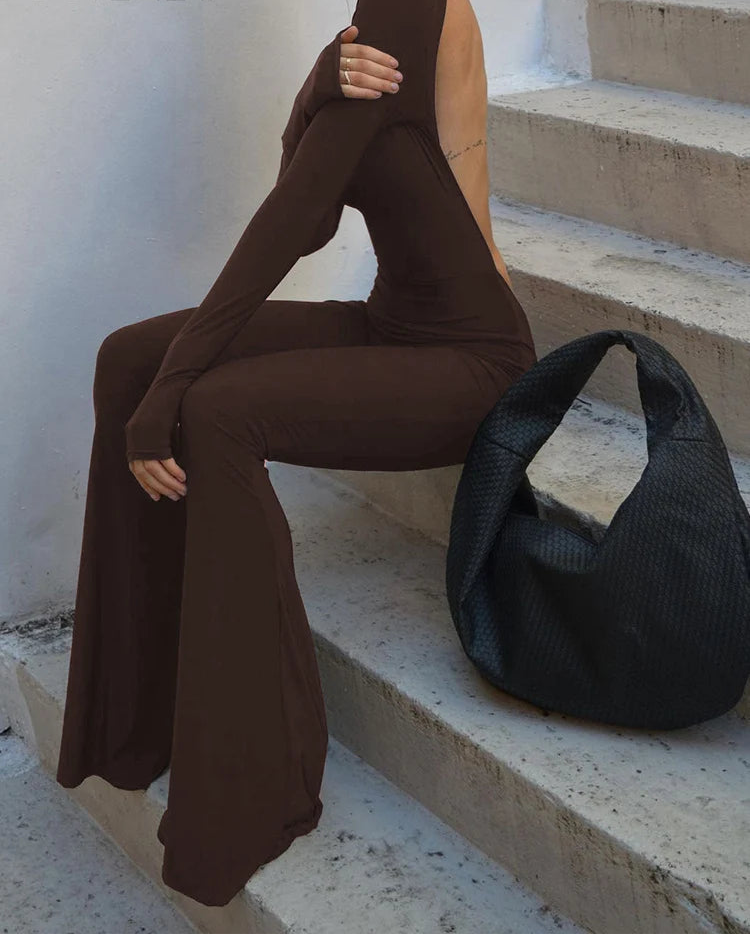 Solid Black Sexy Backless Bodycon Wide Leg Jumpsuit