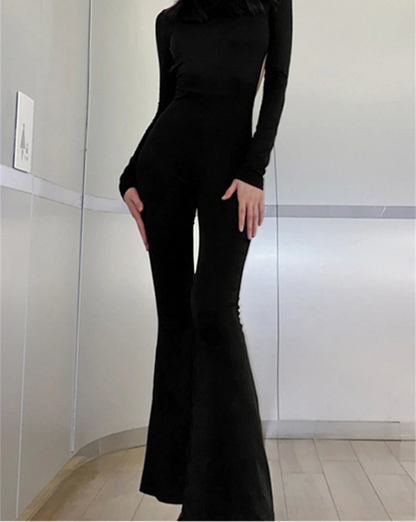 Solid Black Sexy Backless Bodycon Wide Leg Jumpsuit
