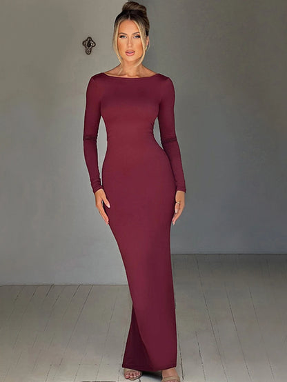 Long Sleeve Ruched Backless Solid Sexy Maxi Dress