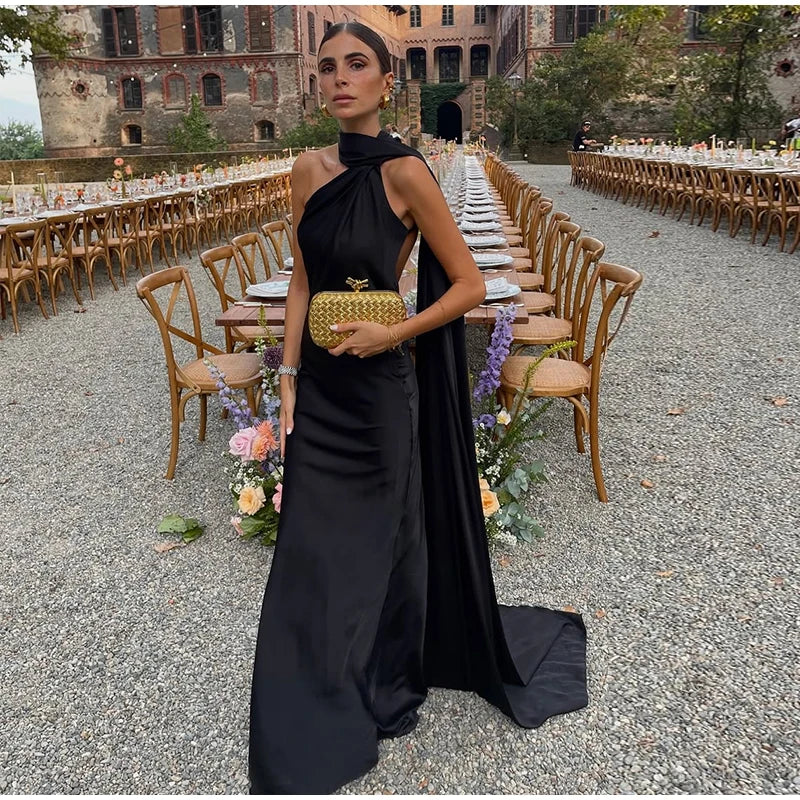 Elegant Solid Backless Women Ribbon Halter Dress