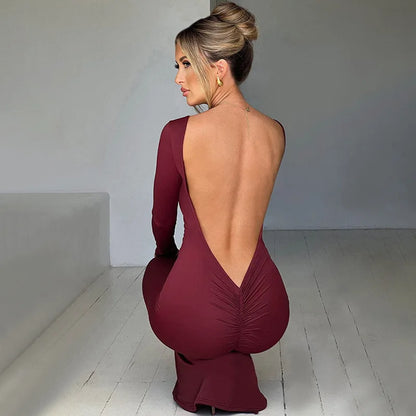 Long Sleeve Ruched Backless Solid Sexy Maxi Dress