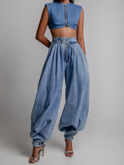 Vintage cargojeans för dam – hög midja, lös passform