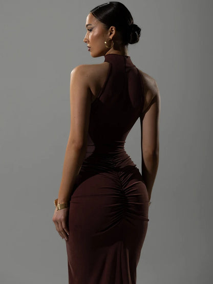 Halter Ruched Sleeveless Sexy Split Maxi Dress