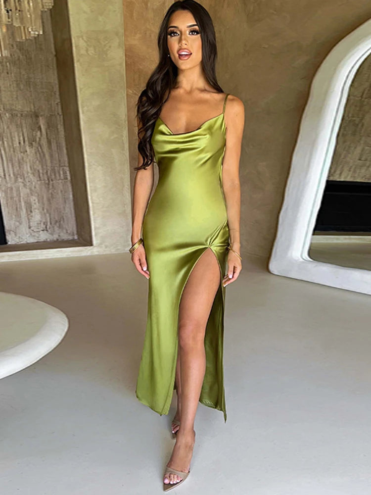 Backless Satin Strap Side Slit Bodycon Women Dress