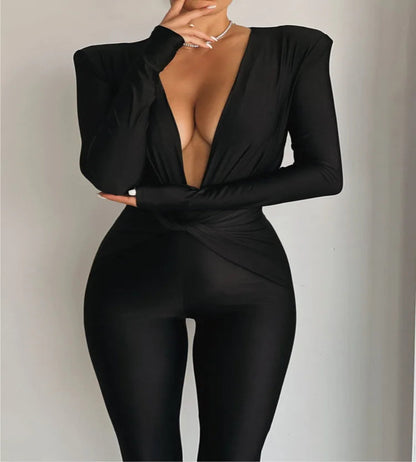 Deep V Neck Long Sleeve Elegant Black Jumpsuit