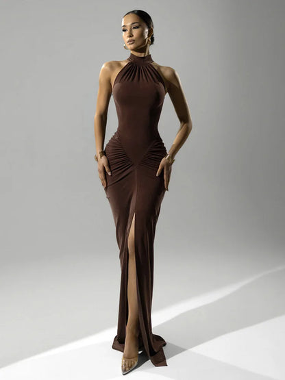 Halter Ruched Sleeveless Sexy Split Maxi Dress