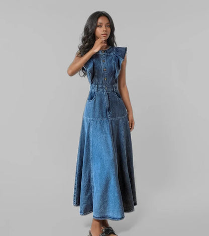 Ärmlös Ruffled Lång Jeansklänning