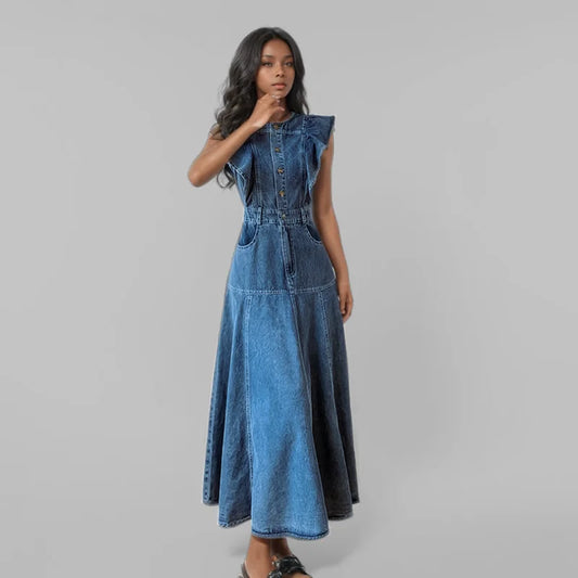 Ruffled Edge Sleeveless Denim Long Dress