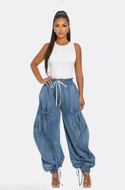 Cargobyxor i denim med snörning - Streetwear-look