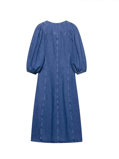 Puffärmade Maxi Jeansklänning med Knappar nedtill