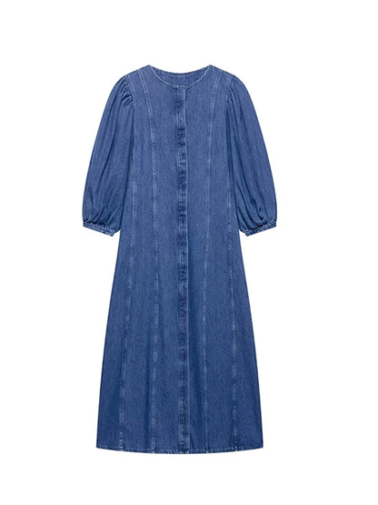 Puffärmade Maxi Jeansklänning med Knappar nedtill