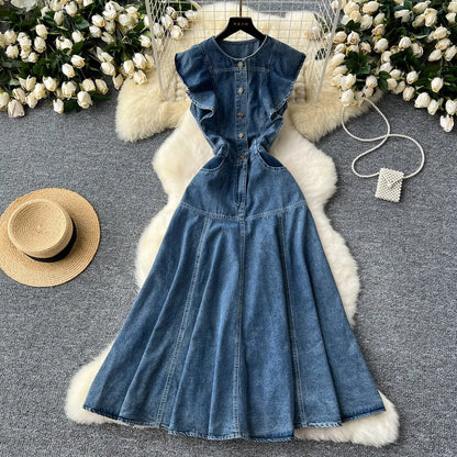 Ärmlös Ruffled Lång Jeansklänning