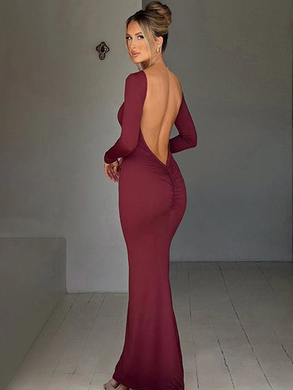 Long Sleeve Ruched Backless Solid Sexy Maxi Dress