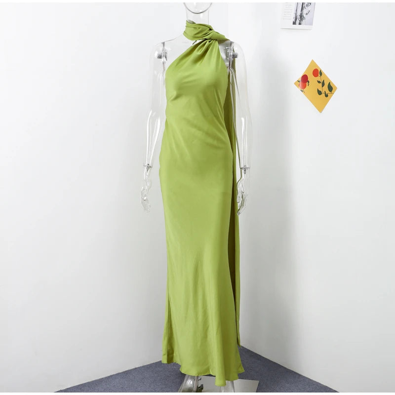 Elegant Solid Backless Women Ribbon Halter Dress