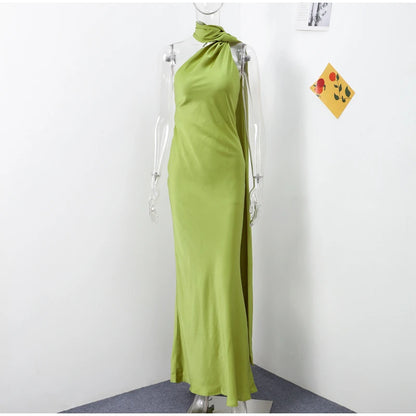 Elegant Solid Backless Women Ribbon Halter Dress