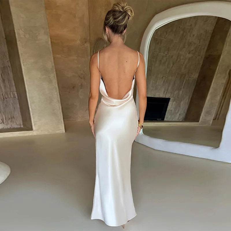 Backless Satin Strap Side Slit Bodycon Women Dress