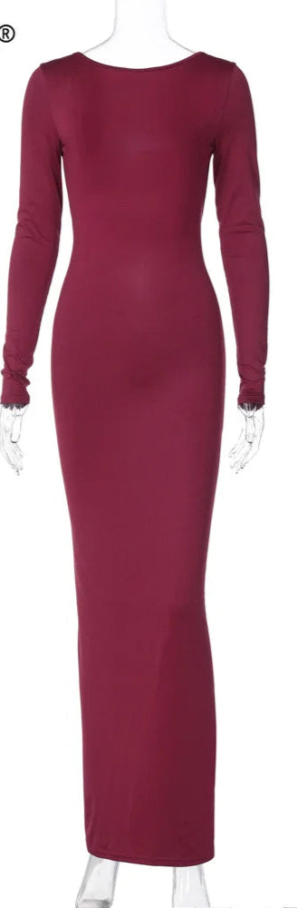 Long Sleeve Ruched Backless Solid Sexy Maxi Dress