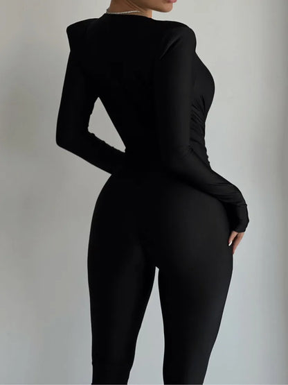 Deep V Neck Long Sleeve Elegant Black Jumpsuit