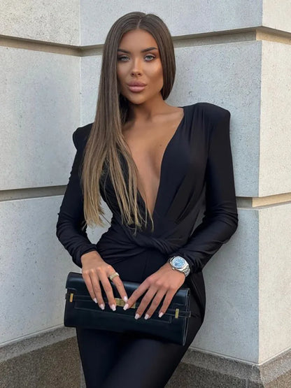 Deep V Neck Long Sleeve Elegant Black Jumpsuit