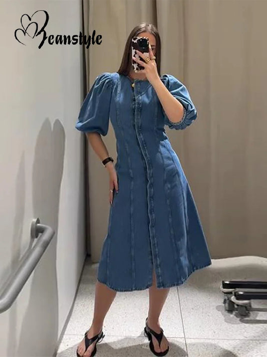 Denim Puff Short Sleeve Covered Button front A-line Women`s dress