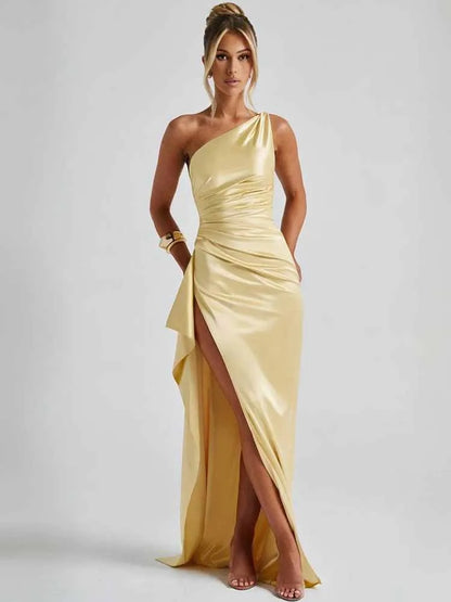 Sexy One Shoulder Satin Bodycon Split Party Dress