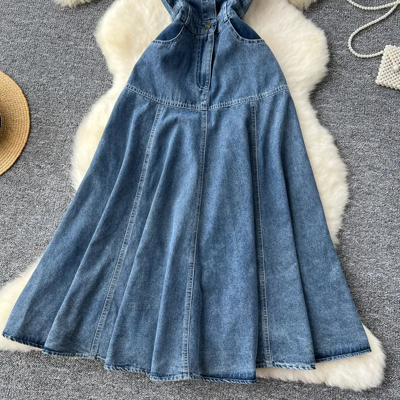 Ruffled Edge Sleeveless Denim Long Dress