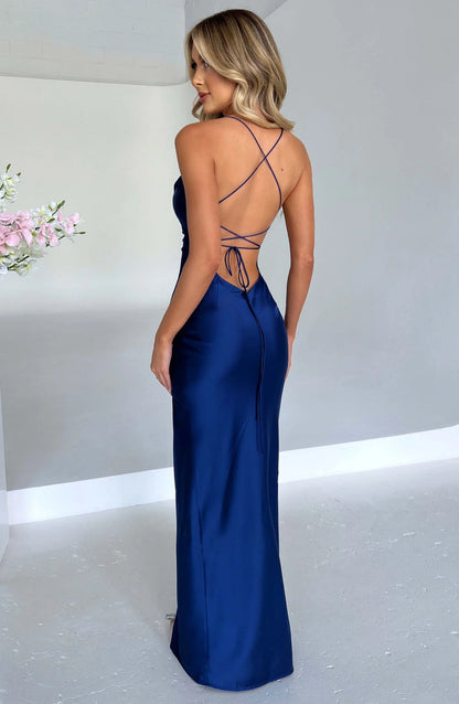 Sexy Satin Öppen Rygg Lång Klänning