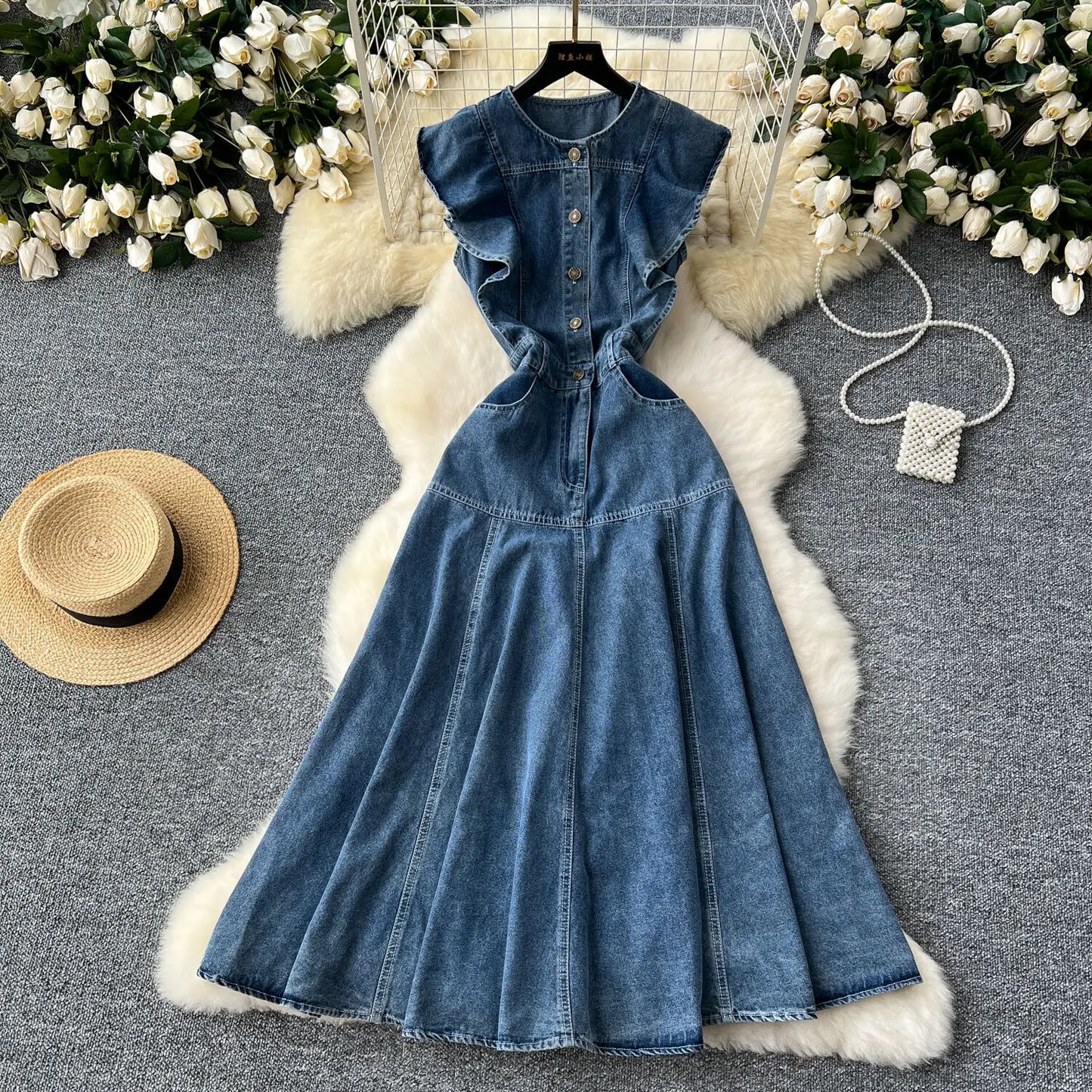 Ruffled Edge Sleeveless Denim Long Dress