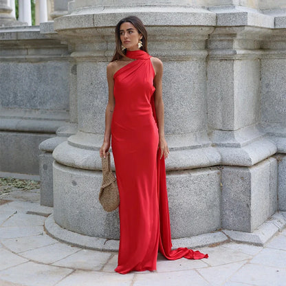 Elegant Solid Backless Women Ribbon Halter Dress