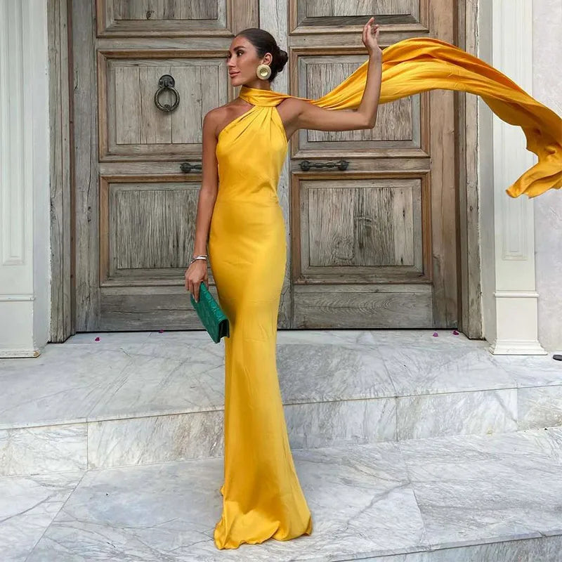 Elegant Solid Backless Women Ribbon Halter Dress