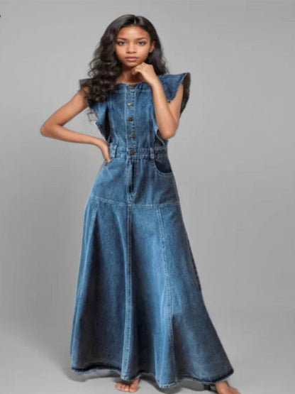 Ärmlös Ruffled Lång Jeansklänning