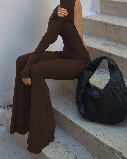 Solid Black Sexy Backless Bodycon Wide Leg Jumpsuit