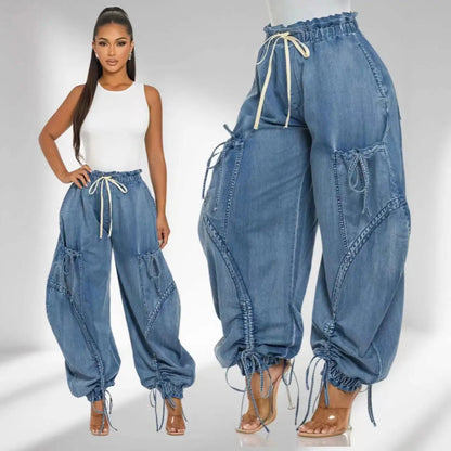 Cargobyxor i denim med snörning - Streetwear-look