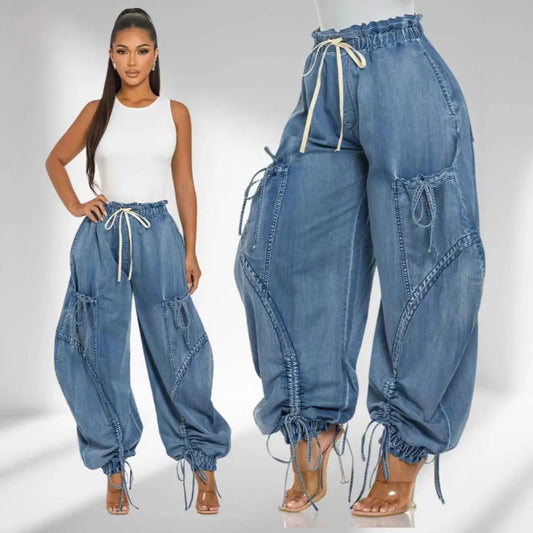 Cargobyxor i denim med snörning - Streetwear-look