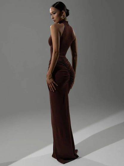 Halter Ruched Sleeveless Sexy Split Maxi Dress