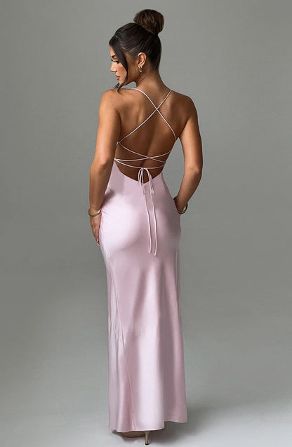 Sexy Satin Öppen Rygg Lång Klänning